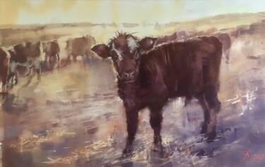Painting titled "Bull" by Andrei Svistunov, Original Artwork, Watercolor