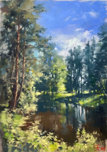 Pintura titulada "Forest lake" por Andrei Svistunov, Obra de arte original, Pastel