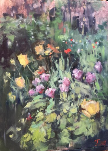 Painting titled "Flowers in the cour…" by Andrei Svistunov, Original Artwork, Oil