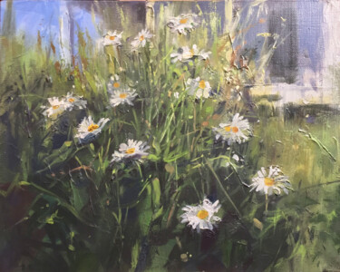 Painting titled "Daisies near the ho…" by Andrei Svistunov, Original Artwork, Oil