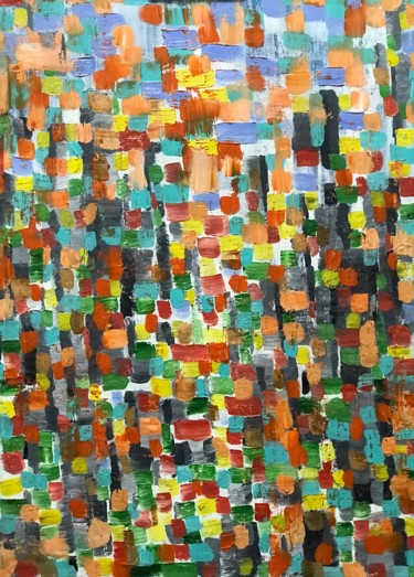 Painting titled "Multi color city" by Andrei Makarov, Original Artwork, Oil Mounted on Wood Stretcher frame