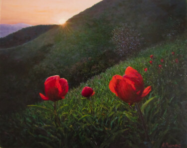 Картина под названием "Красные цветы" - Андрей Абрамов (Андрей Люмес), Подлинное произведение искусства, Масло