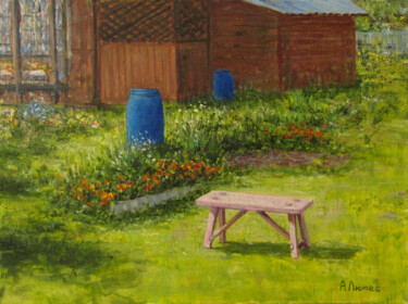 Картина под названием ""Розовая скамейка"" - Андрей Абрамов (Андрей Люмес), Подлинное произведение искусства, Масло