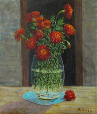 Painting titled "Красные бархатцы" by Andrei Abramov (Andrei Liumes), Original Artwork, Oil