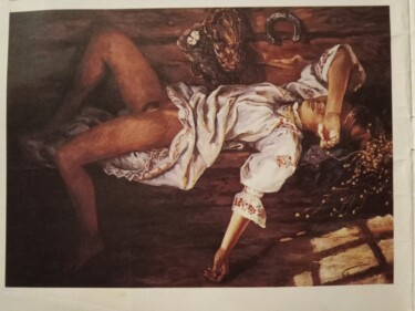 Peinture intitulée ""Девушка с бабочкой"" par Andrei Biriukov, Œuvre d'art originale, Huile