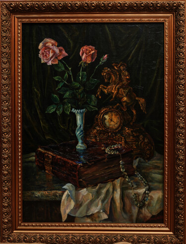 Painting titled ""Натюрморт с часами…" by Andrei Biriukov, Original Artwork, Oil Mounted on Wood Panel