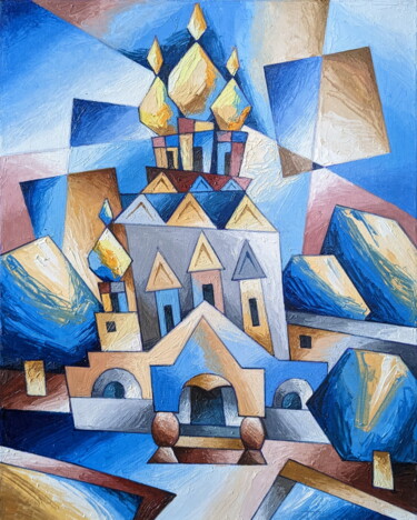 Schilderij getiteld "Голубая церковь" door Andrei Saratov, Origineel Kunstwerk, Olie