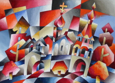 Pittura intitolato "Красный пейзаж" da Andrei Saratov, Opera d'arte originale, Olio