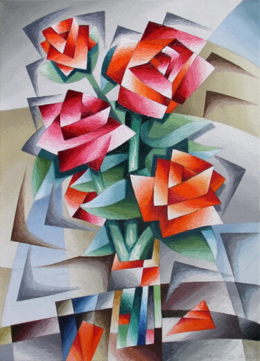 Картина под названием "Bouquet of roses" - Андрей Саратов, Подлинное произведение искусства, Масло