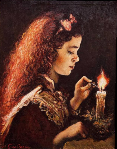 Pintura titulada "Девочка зажигающая…" por Andrej Smolak, Obra de arte original, Oleo