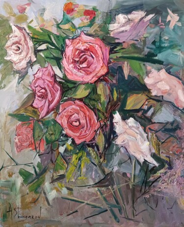 Картина под названием "Розы в саду" - Андрей Шугаров, Подлинное произведение искусства, Масло