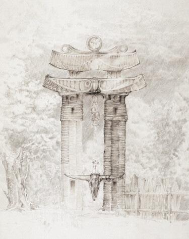 Drawing titled "Gartentor mit Ochse…" by Andrej Vaganov, Original Artwork, Silverpoint