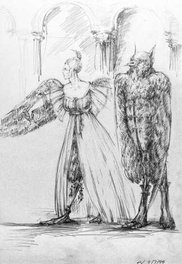 Drawing titled "VÖGEL-MENSCHEN | Tr…" by Andrej Vaganov, Original Artwork, Pencil