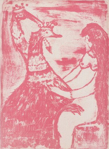 Druckgrafik mit dem Titel "Leda und der Schwan" von Andreja Soleil, Original-Kunstwerk, Lithographie
