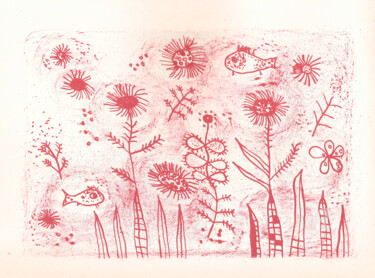 Druckgrafik mit dem Titel "Fischblumen auf ros…" von Andreja Soleil, Original-Kunstwerk, Lithographie