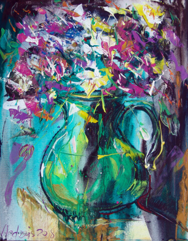 Painting titled "Green vase with flo…" by Andrejs Bovtovičs, Original Artwork, Acrylic