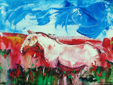 Painting titled "White horse in popp…" by Andrejs Bovtovičs, Original Artwork, Acrylic