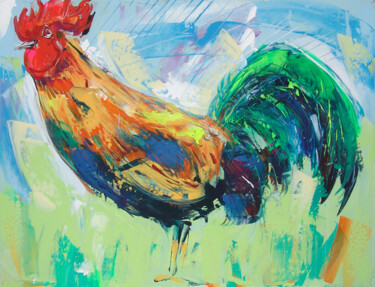 Painting titled "The  rooster" by Andrejs Bovtovičs, Original Artwork, Acrylic Mounted on Wood Stretcher frame