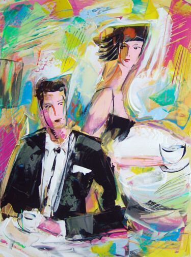 Картина под названием "In the cafe" - Andrejs Bovtovičs, Подлинное произведение искусства, Акрил Установлен на Деревянная ра…