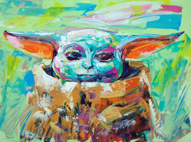 Painting titled "Baby Yoda" by Andrejs Bovtovičs, Original Artwork, Acrylic Mounted on Wood Stretcher frame