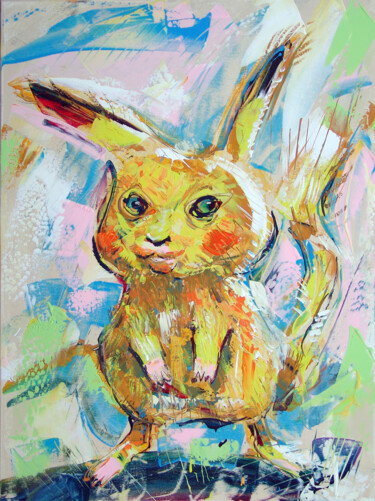 Painting titled "Pikachu" by Andrejs Bovtovičs, Original Artwork, Acrylic Mounted on Wood Stretcher frame