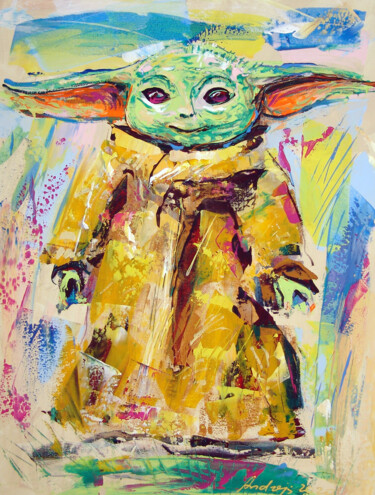 Painting titled "Baby Yoda" by Andrejs Bovtovičs, Original Artwork, Acrylic Mounted on Wood Stretcher frame