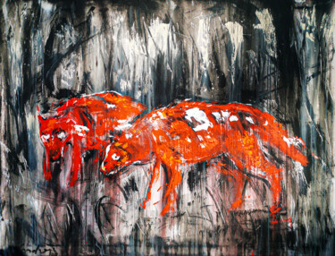 Картина под названием "Red Wolves" - Andrejs Bovtovičs, Подлинное произведение искусства, Акрил Установлен на Деревянная рам…