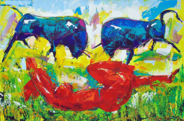 Painting titled "Bullfighting" by Andrejs Bovtovičs, Original Artwork, Acrylic Mounted on Wood Stretcher frame