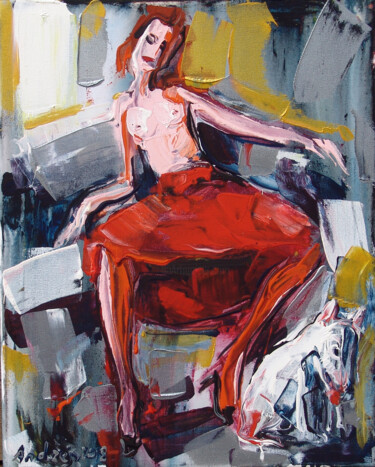 Картина под названием "A girl in red skirt…" - Andrejs Bovtovičs, Подлинное произведение искусства, Акрил