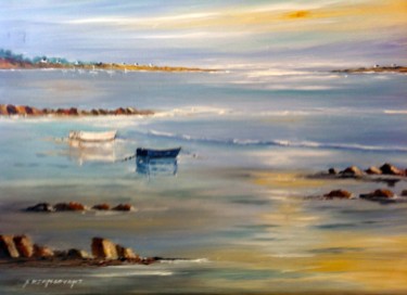 Peinture intitulée "2 barques au couche…" par André Kermorvant, Œuvre d'art originale