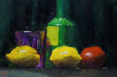 Painting titled "Citrons et verre ro…" by André Méhu, Original Artwork, Gouache