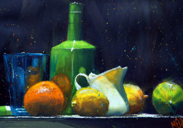 Malerei mit dem Titel "Verre bleu et citro…" von André Méhu, Original-Kunstwerk, Gouache