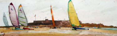 Painting titled "Chars à voile au Fo…" by André Méhu, Original Artwork, Watercolor