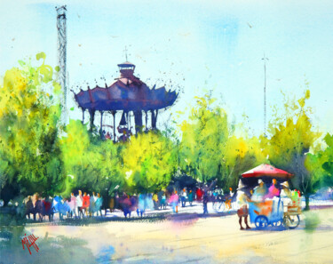 Painting titled "Le carrousel à Nant…" by André Méhu, Original Artwork, Watercolor