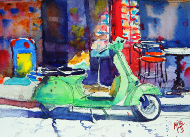 Painting titled "The scooter" by André Méhu, Original Artwork, Watercolor