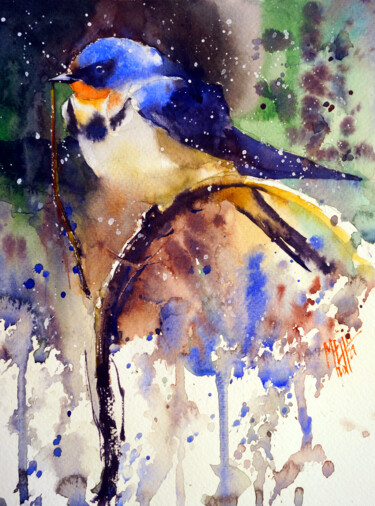 Painting titled "The barn swallow  (…" by André Méhu, Original Artwork, Watercolor