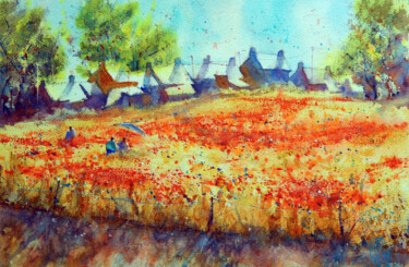 Pintura intitulada "Les coquelicots" por André Méhu, Obras de arte originais, Aquarela