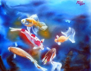 Painting titled "Carpes Koï et poiss…" by André Méhu, Original Artwork, Oil