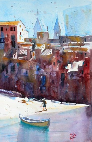 Peinture intitulée "La plage de Cefalù" par André Méhu, Œuvre d'art originale