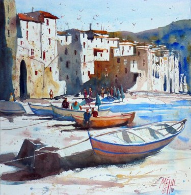 Peinture intitulée "Sur la plage de Cef…" par André Méhu, Œuvre d'art originale, Huile