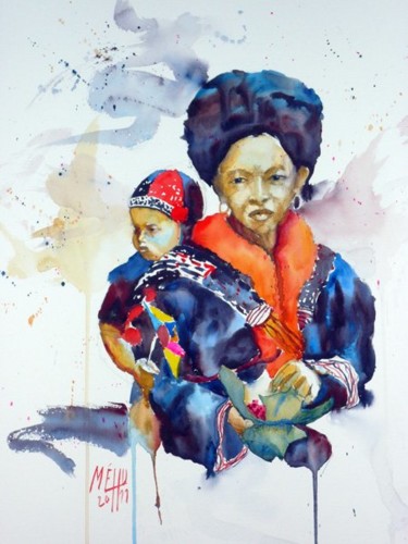 Peinture intitulée "Femme Yao et son en…" par André Méhu, Œuvre d'art originale