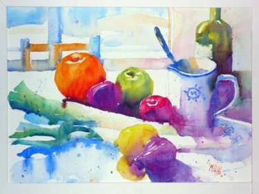 Peinture intitulée "Prunes et poireaux" par André Méhu, Œuvre d'art originale