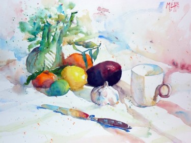 Painting titled "Tasse, fruits et lé…" by André Méhu, Original Artwork