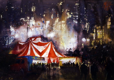 Painting titled "Le cirque, Nocturne" by André Méhu, Original Artwork, Watercolor