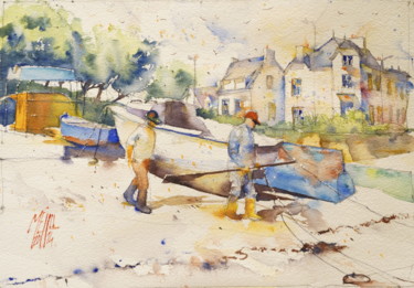 Malerei mit dem Titel "Départ en mer" von André Méhu, Original-Kunstwerk, Aquarell