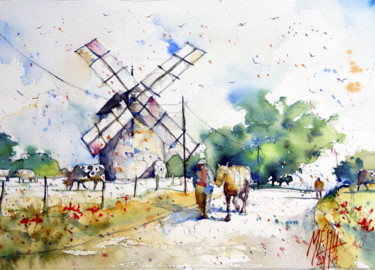 Pintura intitulada "Moulin de Kercousqu…" por André Méhu, Obras de arte originais, Aquarela