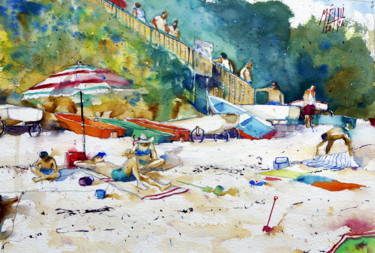 Painting titled "La plage, Fort Bloq…" by André Méhu, Original Artwork, Watercolor