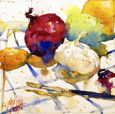 Pintura intitulada "Ail et oignon rouge" por André Méhu, Obras de arte originais, Aquarela