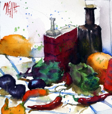 Painting titled "Artichauts et pimen…" by André Méhu, Original Artwork, Watercolor