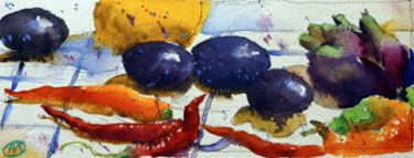 Pintura intitulada "Piments rouges et p…" por André Méhu, Obras de arte originais, Aquarela